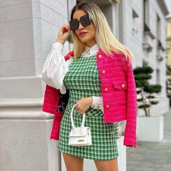 Zara Tweed Pinafore Mini Dress Green Size Small - Picture 2 of 8